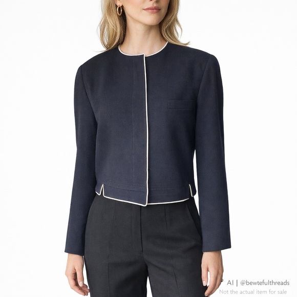 Louis Feraud Jackets & Blazers - Louis Féraud Cropped Wool Jacket Indigo White Trim Minimalist Chic